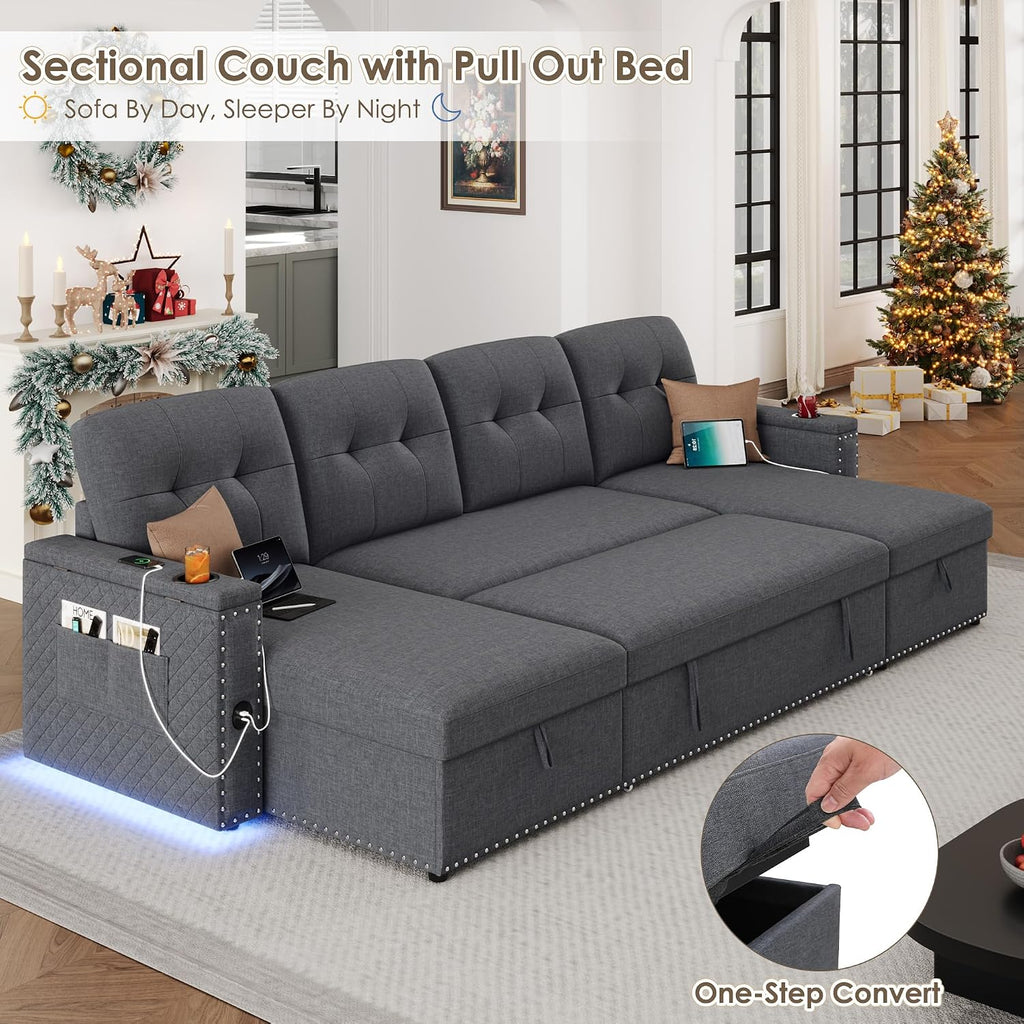 HIFIT 106' Sectional Couches for Living Room- Pull Out Sleeper Sofa Couch w/Storage Chaise,Storage Armrest,LED Light&USB Port&Cupholder, Modern Linen U Shaped Home Sofa Living Room Furniture Set, Grey