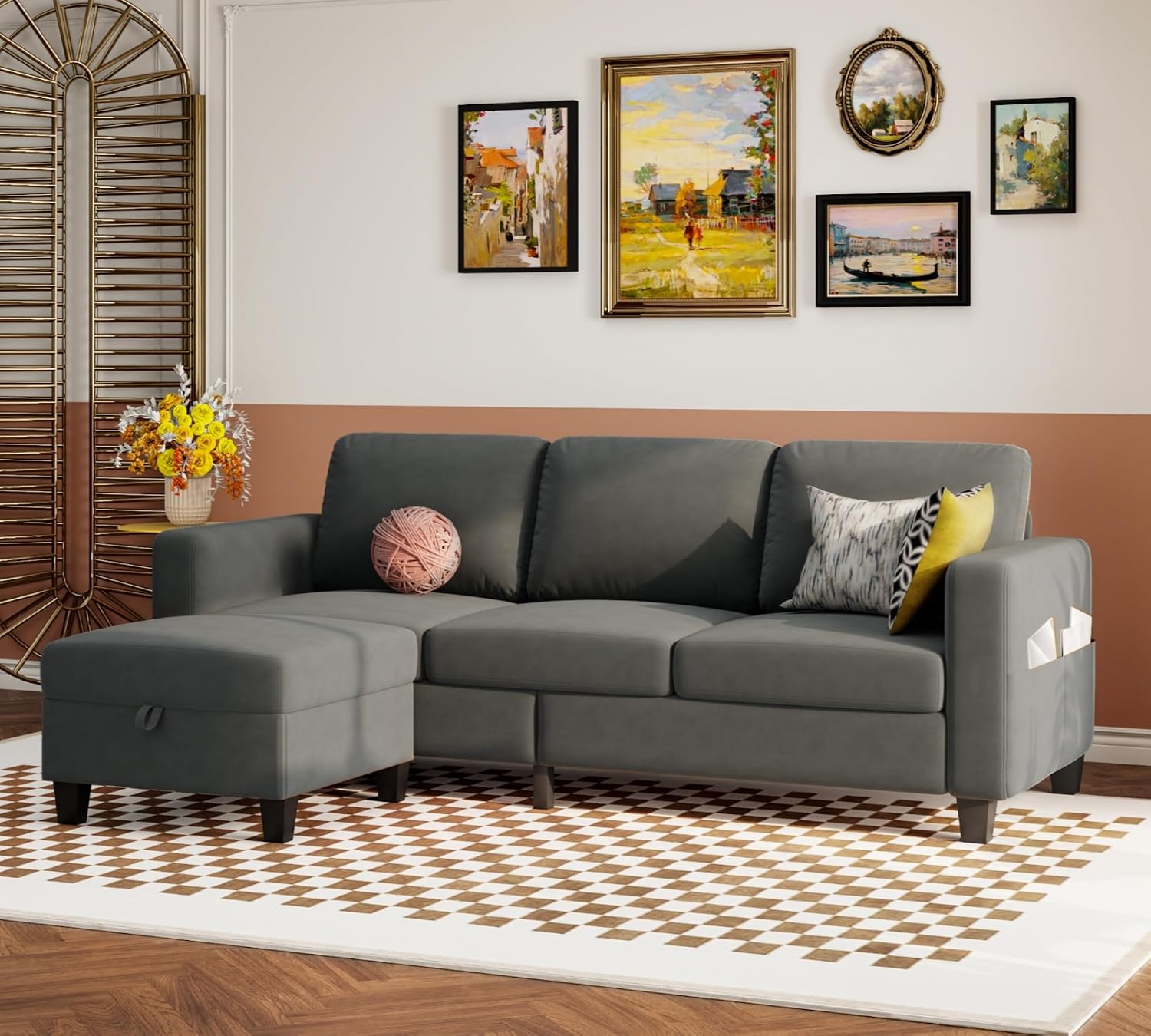 Youmumeub Sectional Couches for Living Room - Convertible Sofa and Storage Bench,79''Modern Corner Configuration,Suitable for Living Room, Apartment, Bedroom and Office-Blue-Gray | Washable Covers, Modular Sofa