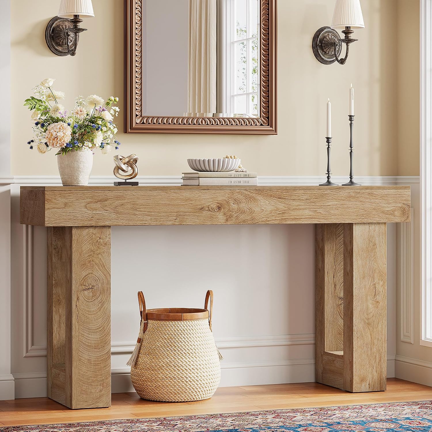 Tribesigns 63' Farmhouse Console Table, Natural Wooden Sofa Table Rectangular Accent Console for Entryway, Hallway & Living Room (Natural)