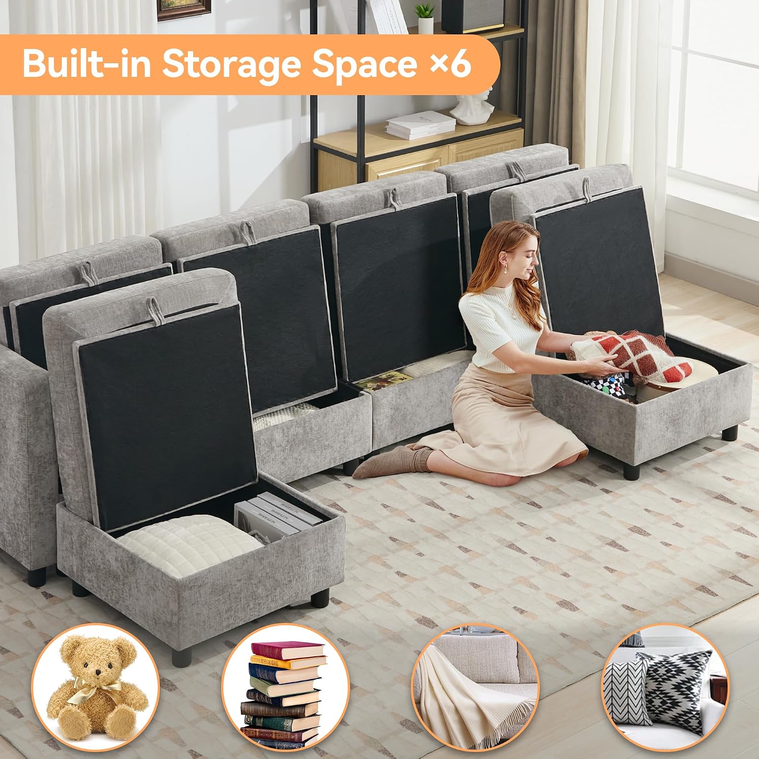 WUTUTUEE 107'Modular Sectional Sofa Convertible U Shaped Sofa Couch Set with Storage for Living Room, Modern 6 Seater Modular Sectional Couch with Movable Ottoman, Chenille(Light Grey)