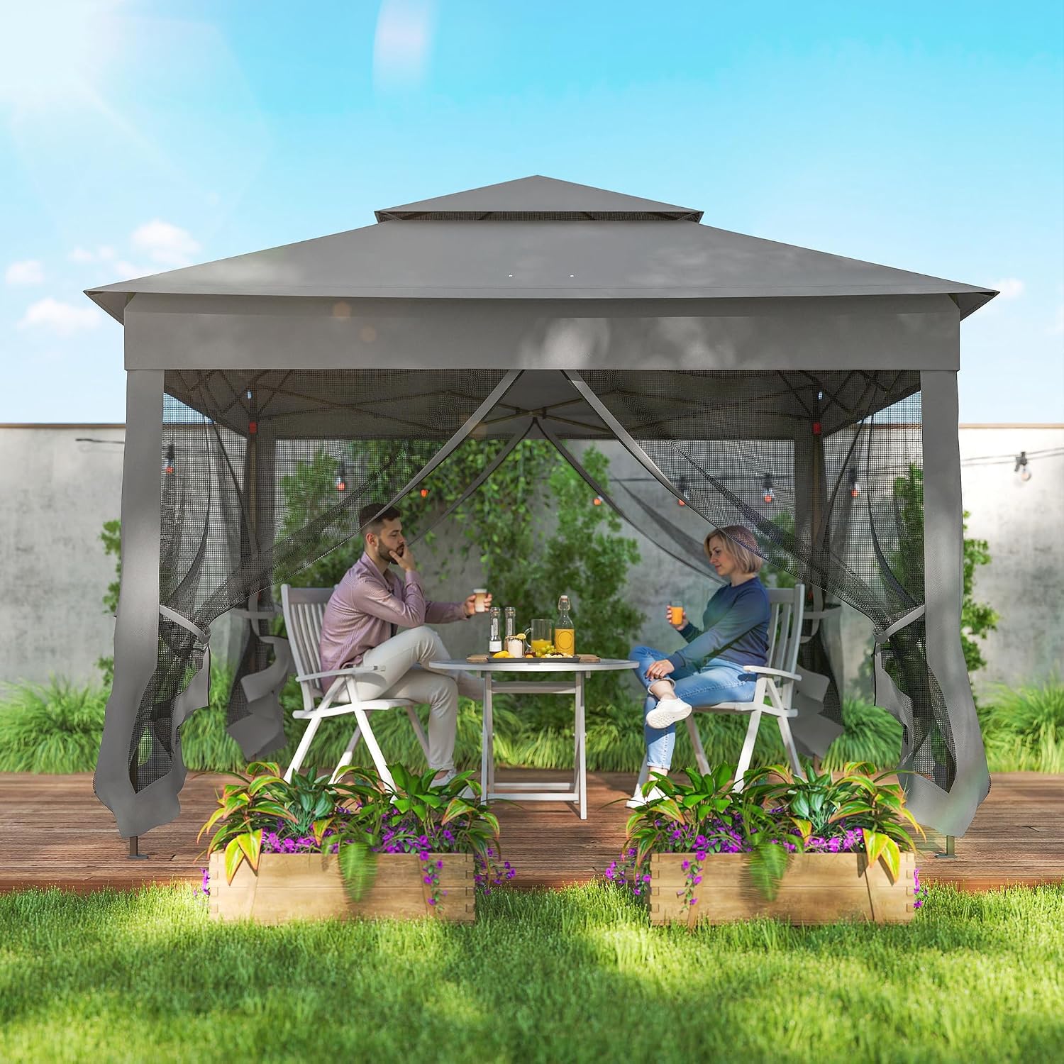 Outsunny 11' x 11' Pop Up Canopy, Outdoor Patio Gazebo Shelter with Removable Zipper Netting, Instant Event Tent w/ 114 Square Feet of Shade and Carry Bag for Backyard, Garden, Dark Gray