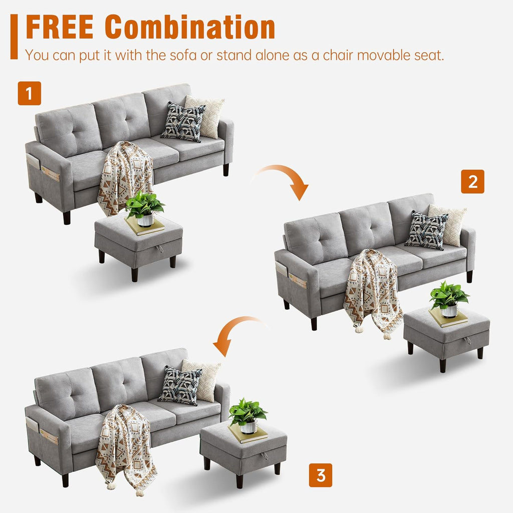 80' Convertible Sectional Sofa Couch with Movable Ottoman, 3 Seats Sectional Sofas L Shaped Couch for Small Spaces, Soft Fabric Couch for Living Room (Light Grey)