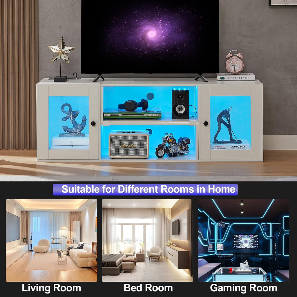 VECELO LED TV Stand for Televisions up to 70 Inchs Modern Entertainment Center with Storage Media Console with 23 Flashing Options and 4 Customizable Modes for Living Room, Bedroom
