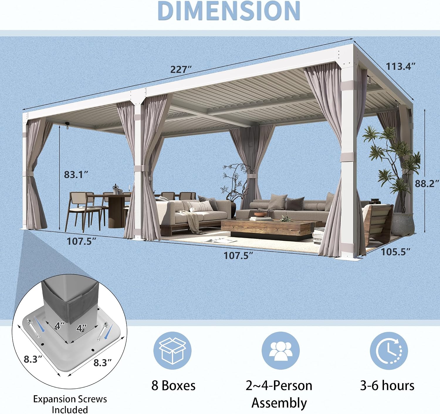 YOLENY Louvered Pergola 10x20, Aluminum Gazebo with Adjustable Waterproof Roof, Curtains and Netting Included, Deck and Backyard, White