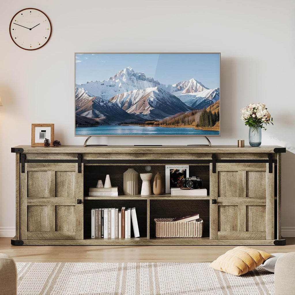 IDEALHOUSE Farmhouse TV Stand for 75 Inch TV, Entertainment Center with Storage Cabinets and Sliding Barn Doors, Media TV Console Table for Living Room Bedroom