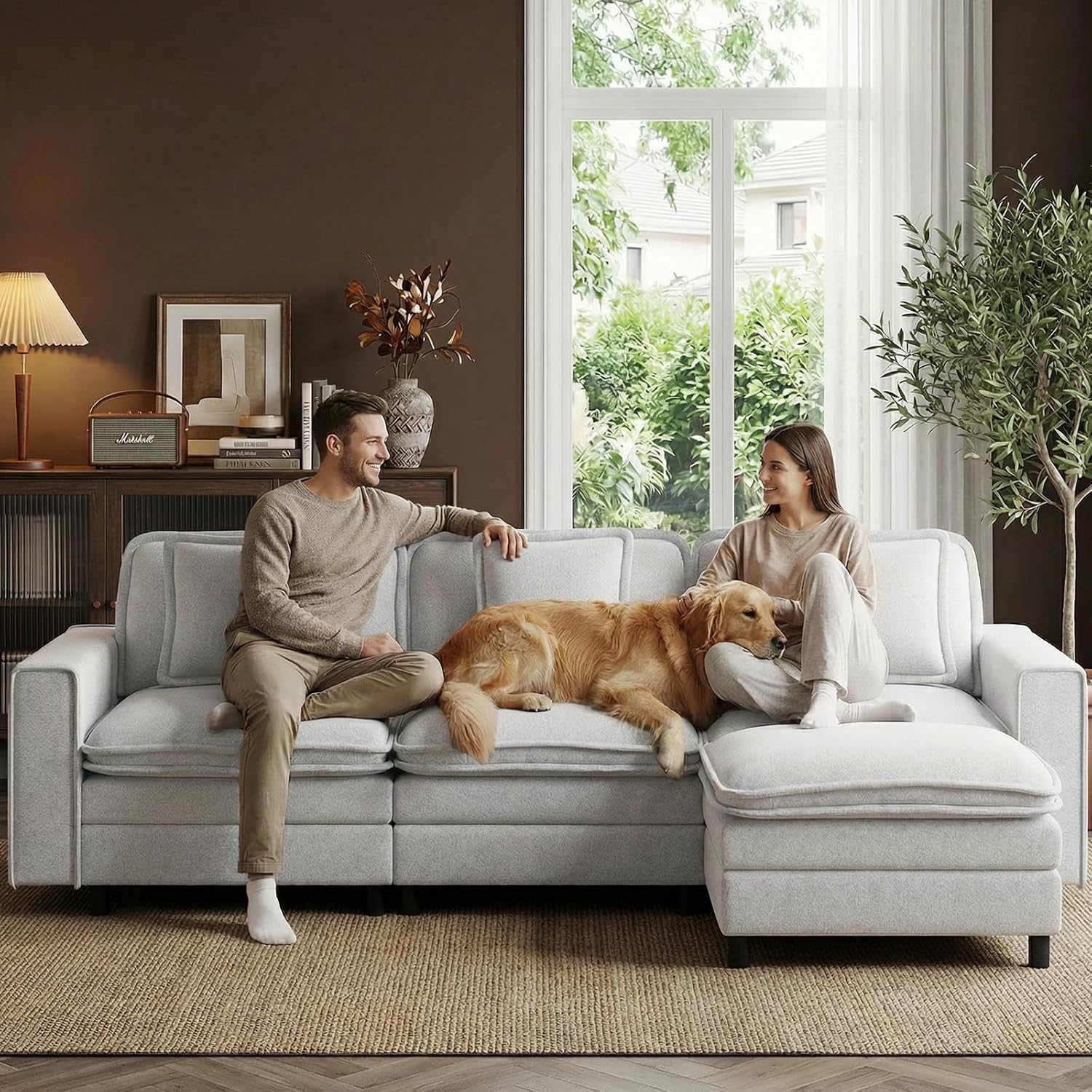 MALOL Modular Sectional Sofa 107', Comfy Cloud Couch with Ottoman, Deep 4-Seat L Shaped Modular Sofa, Couches with Throw Pillows for Living Room, Beige