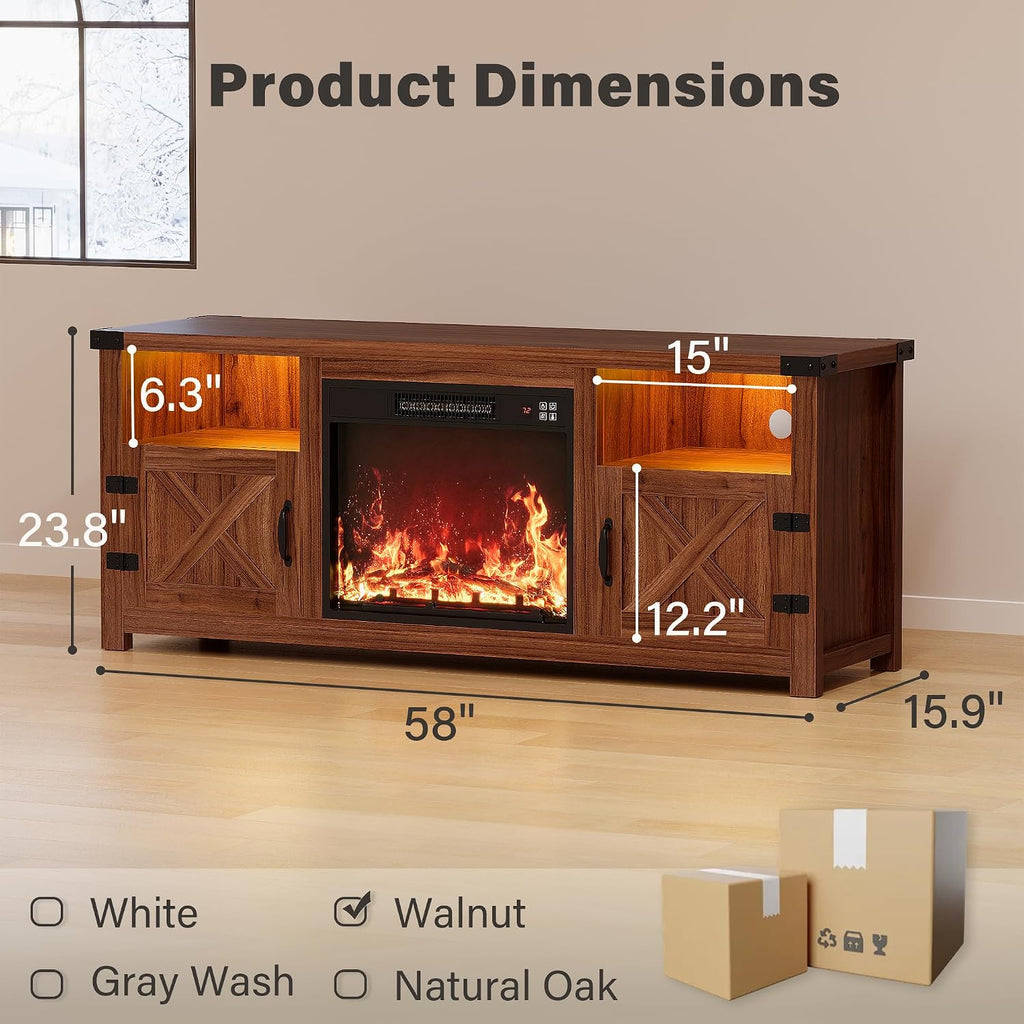 YESHOMY LED Fireplace TV Stand with Mood Lighting, TV Cabinet with Open Shelf, Farmhouse Media Console with Hidden Cable Routing, Entertainment Center for Televisions up to 65+ Inch, Walnut