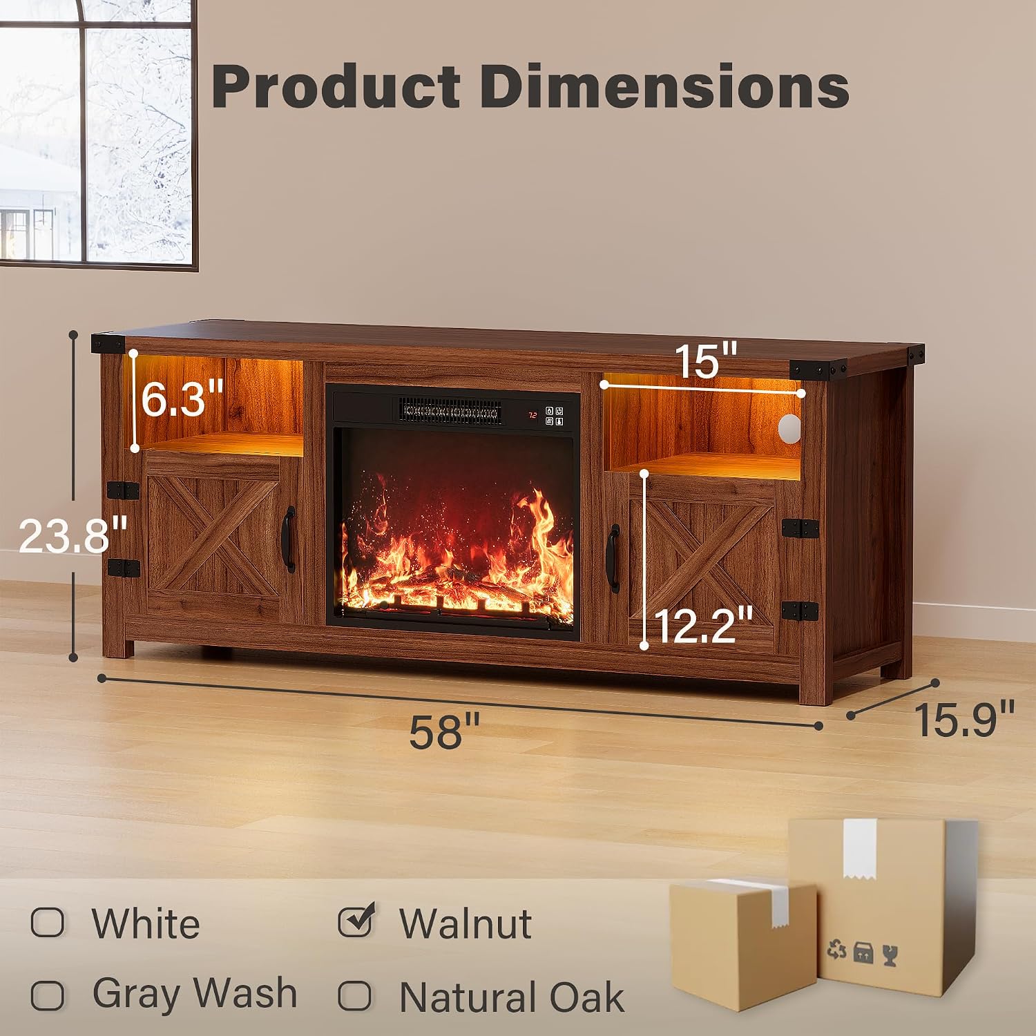 YESHOMY LED Fireplace TV Stand with Mood Lighting, TV Cabinet with Open Shelf, Farmhouse Media Console with Hidden Cable Routing, Entertainment Center for Televisions up to 65+ Inch, Walnut