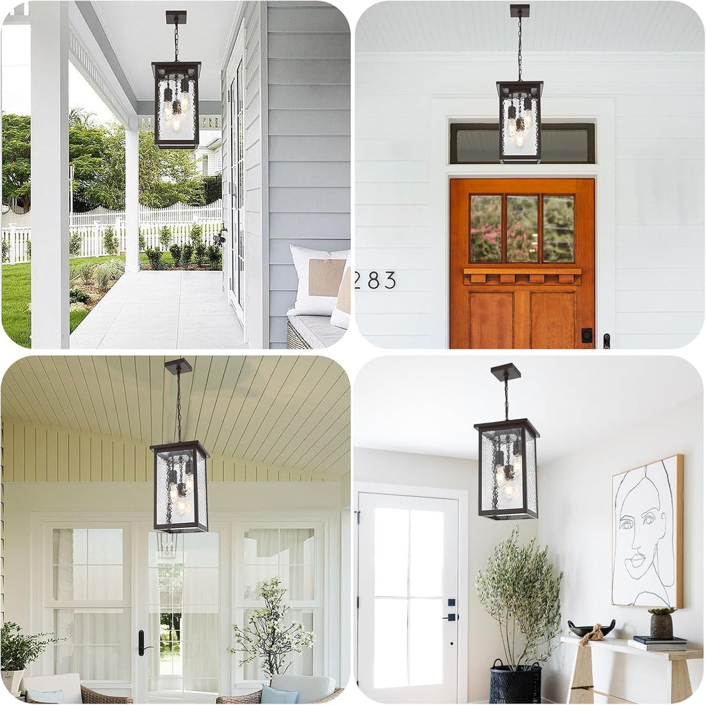 17'' Large Outdoor Indoor Pendant Light 3-Lights, Modern Oil Rubbed Bronze Exterior Hanging Porch Pendant Light with Hammer Glass, Outdoor Ceiling Lights for Front Entryway Gazebo Patio