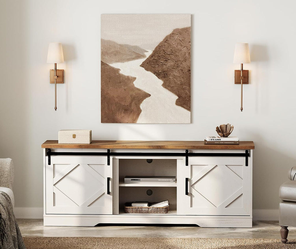 WAMPAT Modern Farmhouse TV Stand for TVs up to 75' with Sliding Barn Doors, 25.6' H Wood Entertainment Center with Adjustable Media Storage Shelf for Living Room, Antique White