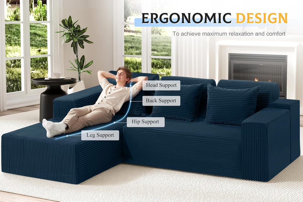 Homguava Modular Sectional Couches for Living Room,105' Cloud Couch with L-Shape Chaise,Comfy Sofa Living Room Sofas with Deep Seat,No Assembly L Couch,Corduroy Fabric(Blue,L)