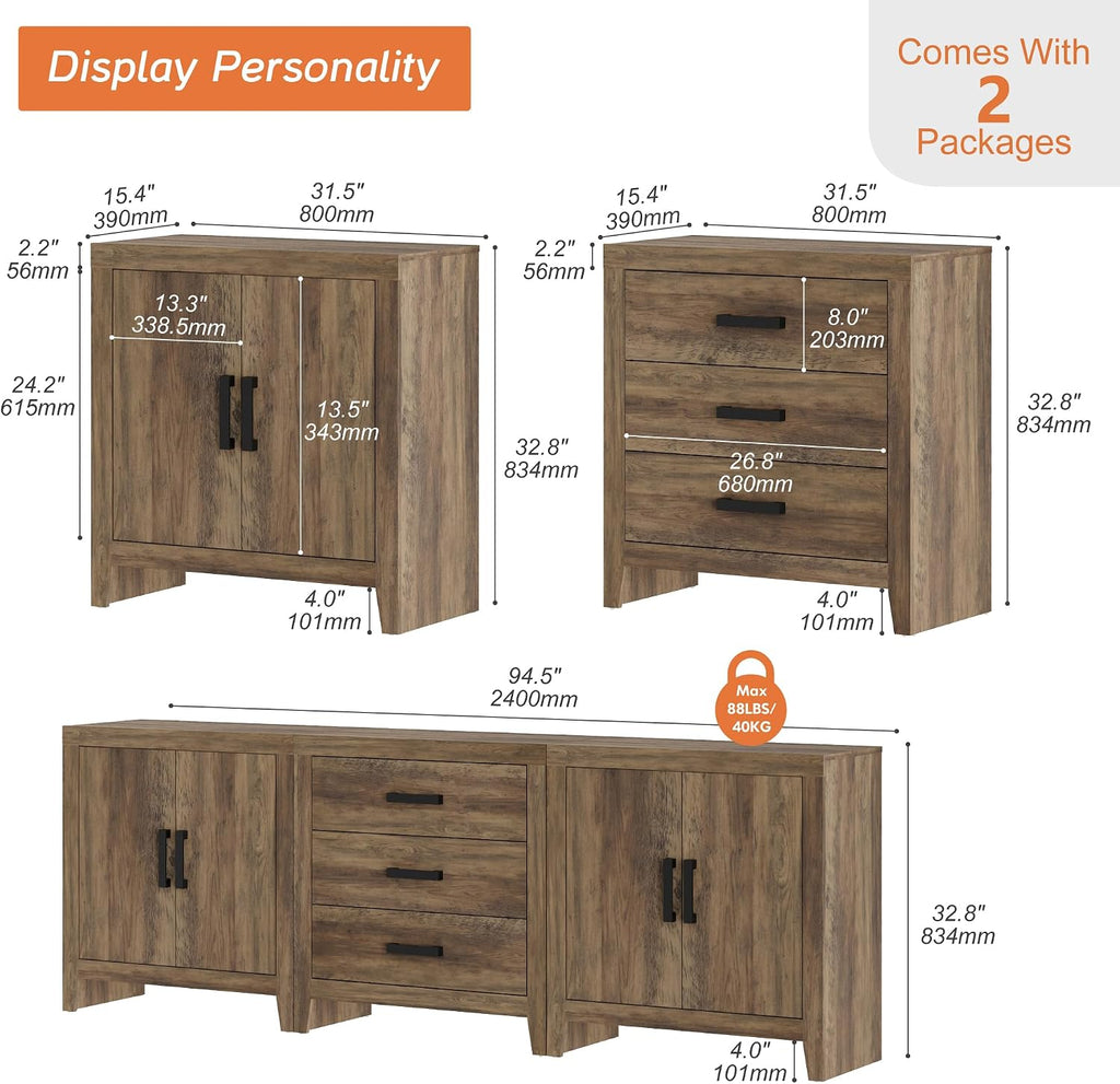 WAMPAT TV Stand for TVs up to 85 Inch, 3-Piece Modular Entertainment Center with Drawers and Doors, Farmhouse Media Console for Living Room, Bedroom, Home Theater, Brown