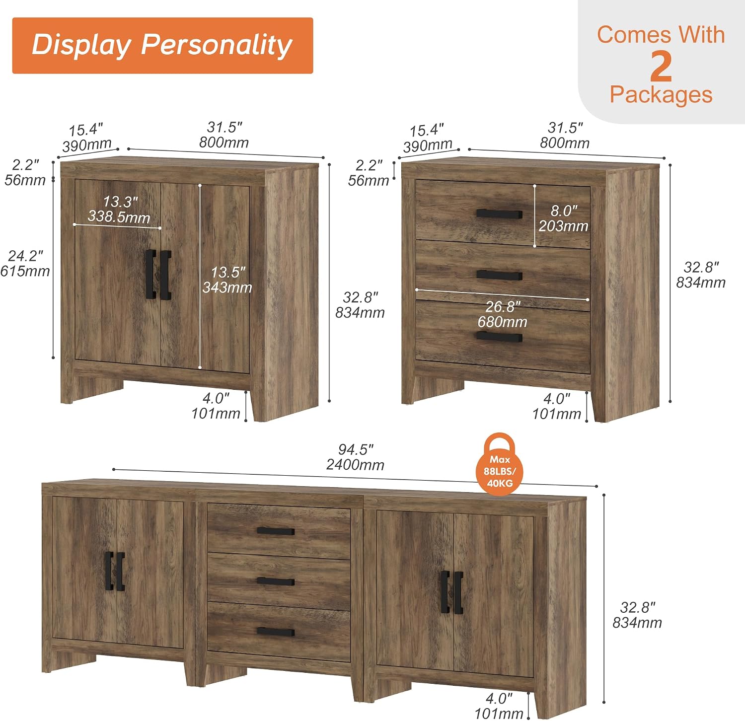 WAMPAT TV Stand for TVs up to 85 Inch, 3-Piece Modular Entertainment Center with Drawers and Doors, Farmhouse Media Console for Living Room, Bedroom, Home Theater, Brown