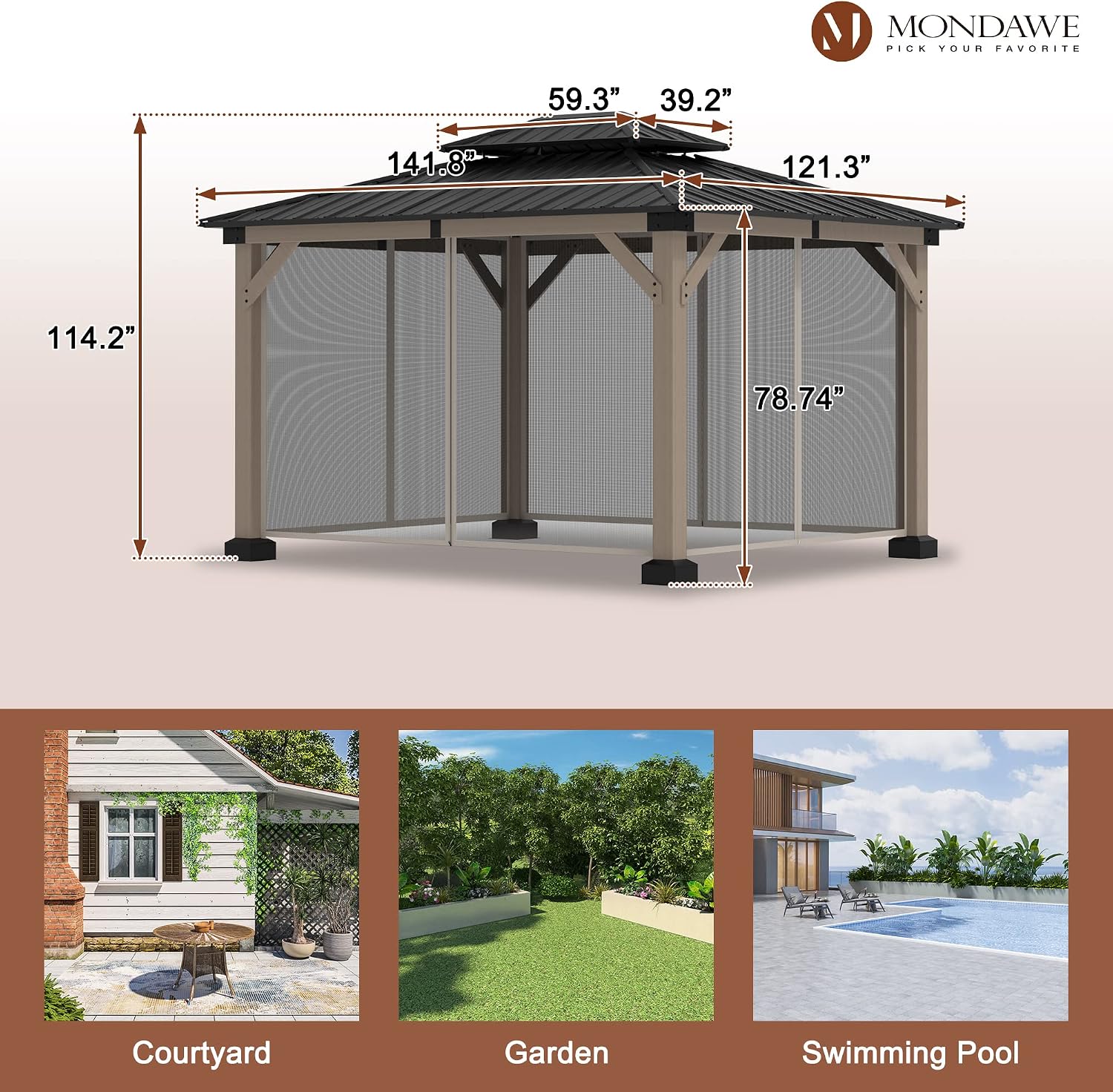 Cedar Wood Gazebo 10x12Ft Hardtop Gazebo with Netting, Outdoor Permanent Gazebo Pergola with Galvanized Steel Double Roof Pavilion for Patio Lawn Garden