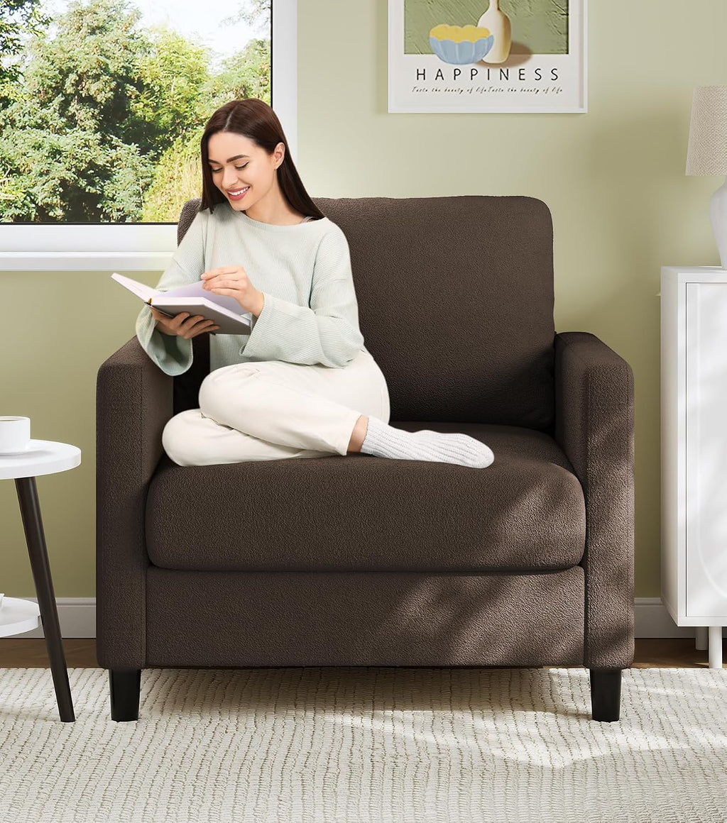 Welzona Sofa Accent Chair, 33' Reading Chair for Bedroom, Tool-Free Setup Living Room Accent Chairs, Comfy Arm Chairs Living Room, All-Wood Reading Nook, Brown