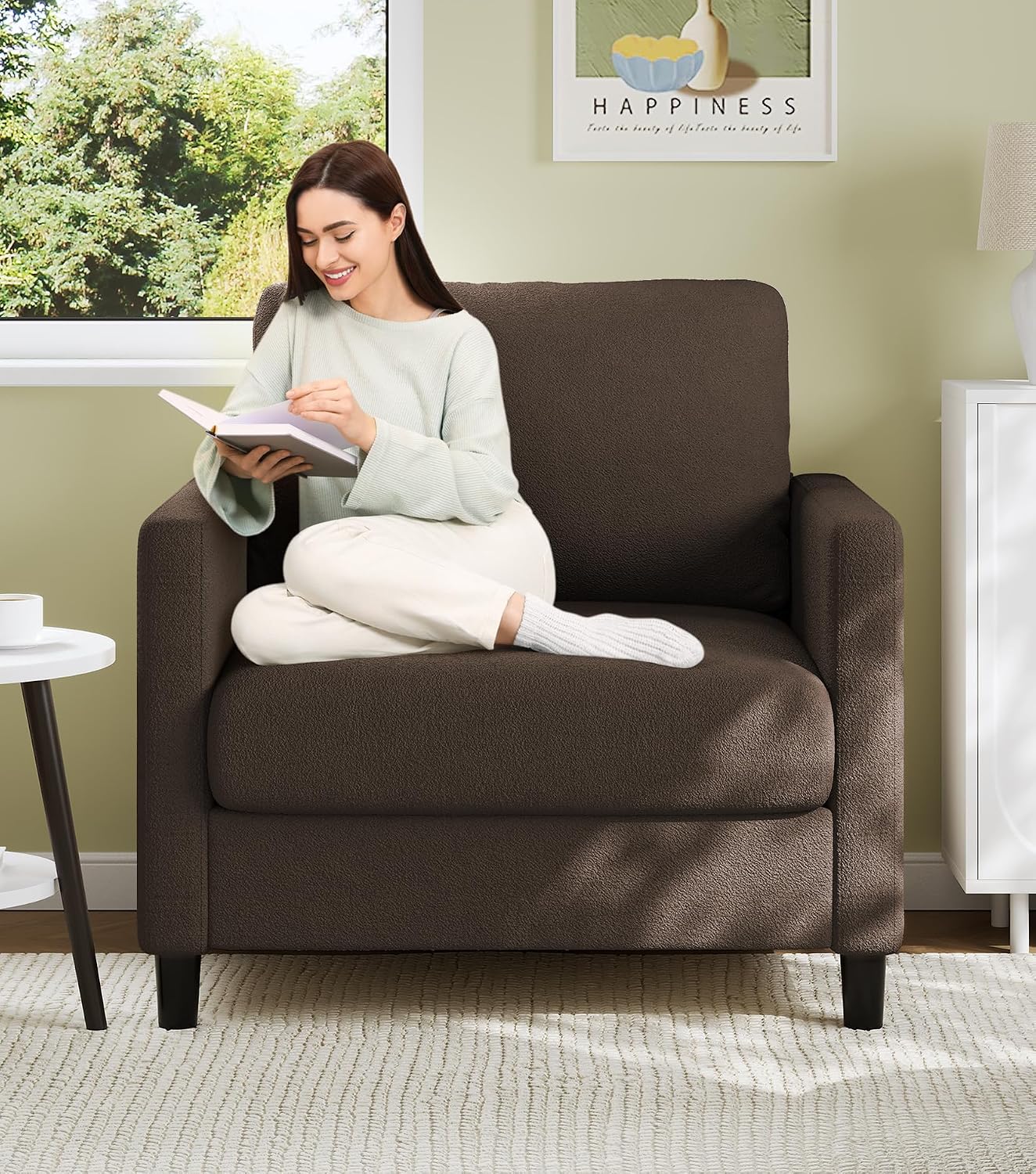 Welzona Sofa Accent Chair, 33' Reading Chair for Bedroom, Tool-Free Setup Living Room Accent Chairs, Comfy Arm Chairs Living Room, All-Wood Reading Nook, Brown
