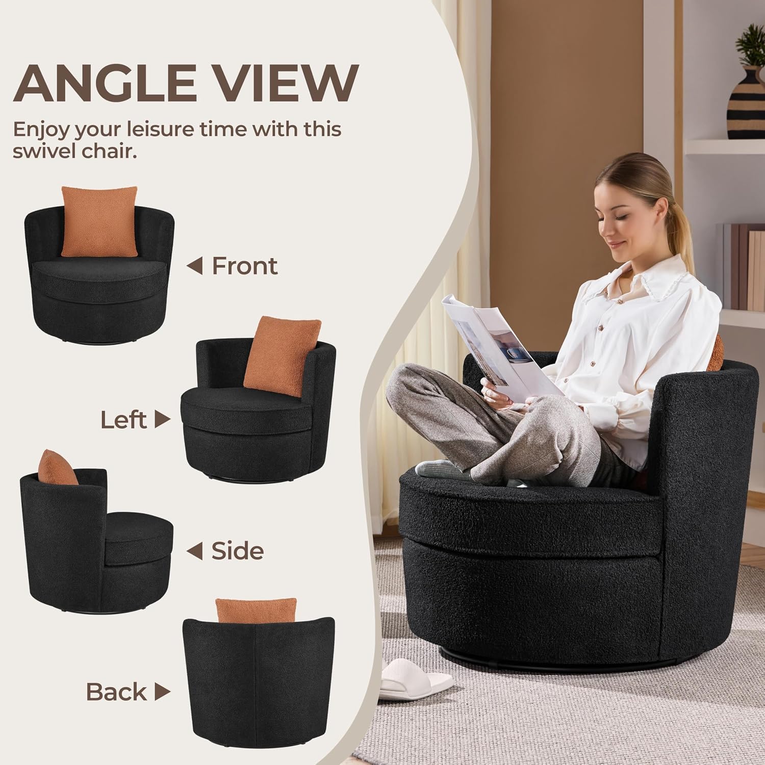 Yaheetech Swivel Barrel Accent Chair, 360 Degree Swivel Round Chairs with Removable Throw Pillow, Soft Boucle Single Arm Sofa for Living Room Bedroom Reading, Black