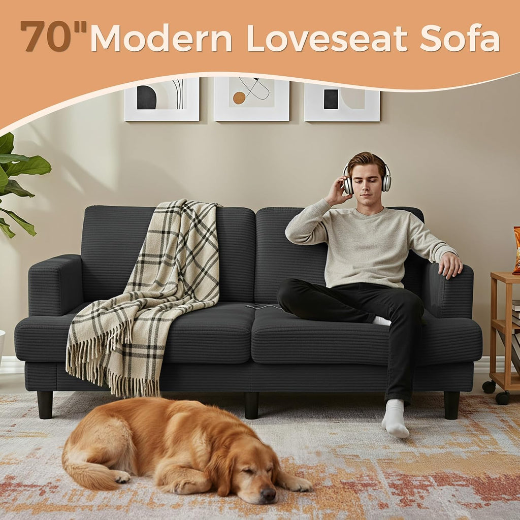 MAKIAAP 70' Loveseat Sofa for Living Room, Comfy Corduroy Couch with USB & Type-C Ports, Modern 2-Seater Deep Seat Small Couch for Bedroom, Apartment, Office – Soft Cushions & Sturdy Frame (Gray)