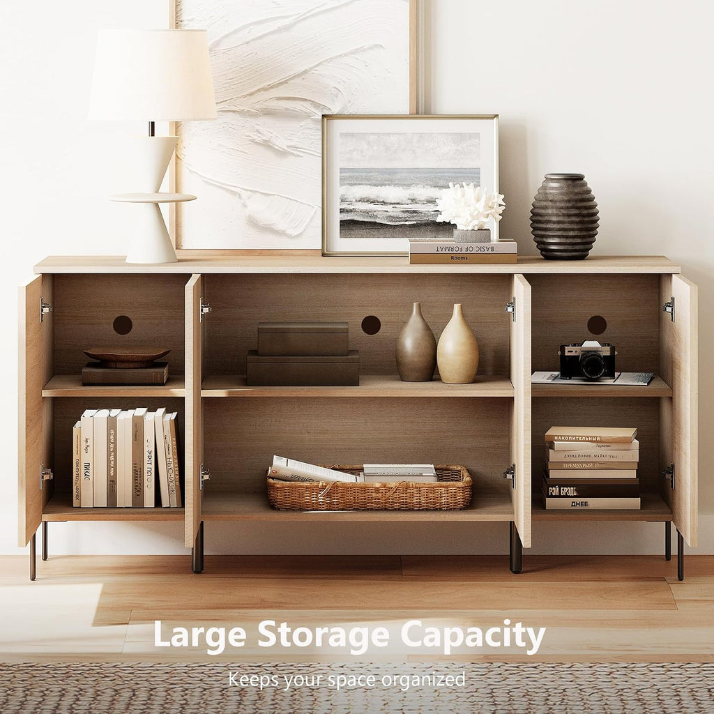 WAMPAT 61.6' TV Stand Cabinets for TVs up to 70 Inches, Entertainment Center with Storage Cabinets and 4 Doors, Mid Century Modern Media TV Console Table for Living Room Bedroom,Beige