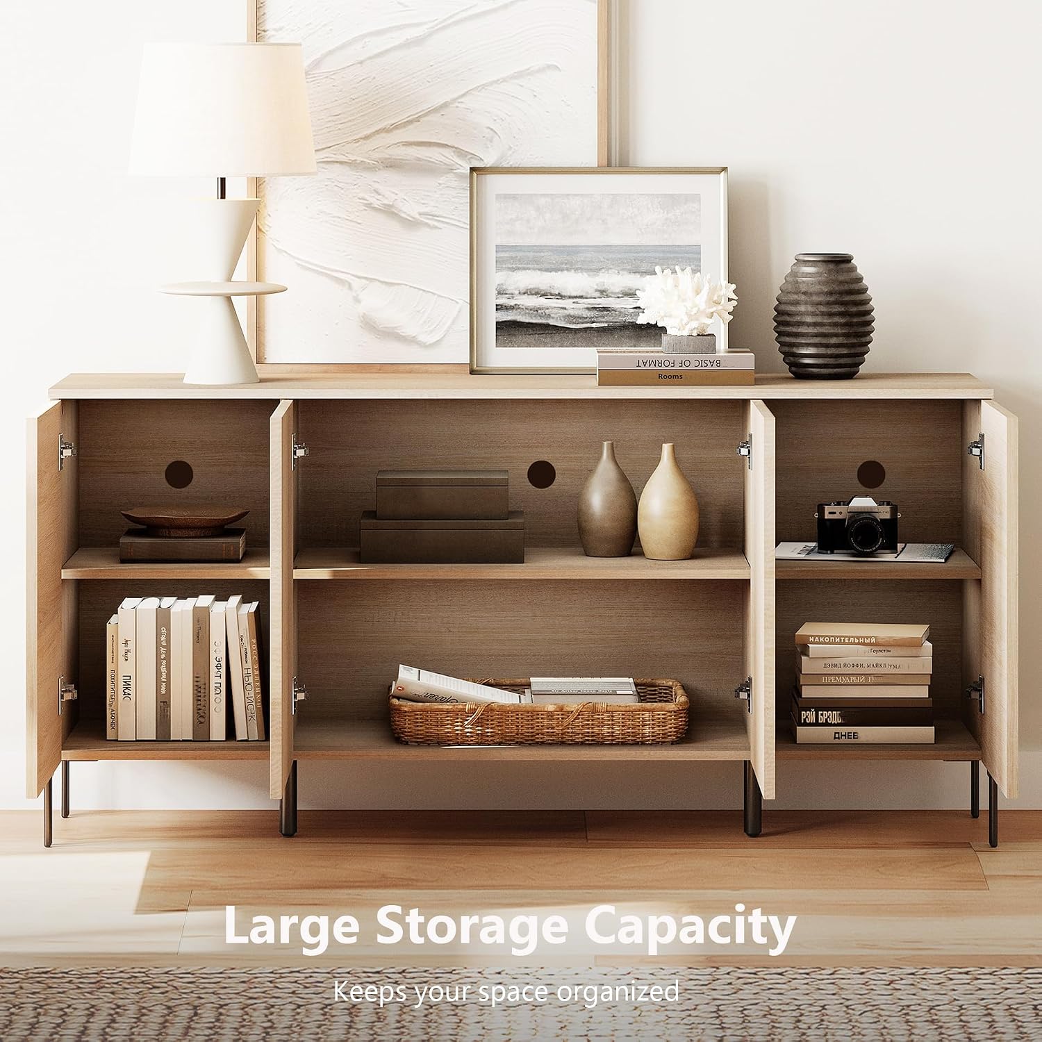 WAMPAT 61.6' TV Stand Cabinets for TVs up to 70 Inches, Entertainment Center with Storage Cabinets and 4 Doors, Mid Century Modern Media TV Console Table for Living Room Bedroom,Beige