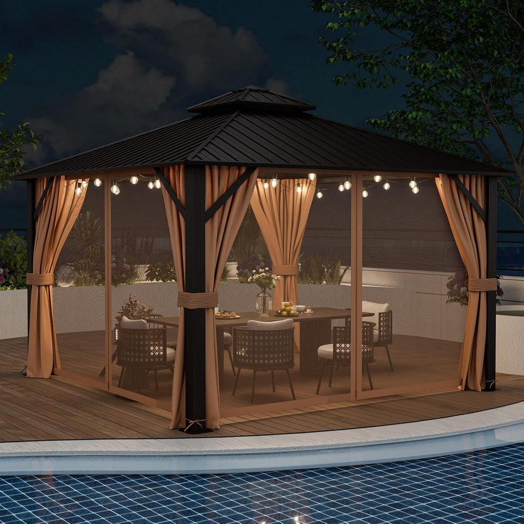 Tangkula 12x12 FT Hardtop Gazebo, Patio Gazebo with Galvanized Steel Double Roof & Aluminum Frame, Permanent Pavilion Outdoor Gazebo with Netting & Curtains for Patio, Garden, Lawn, Backyard, Deck