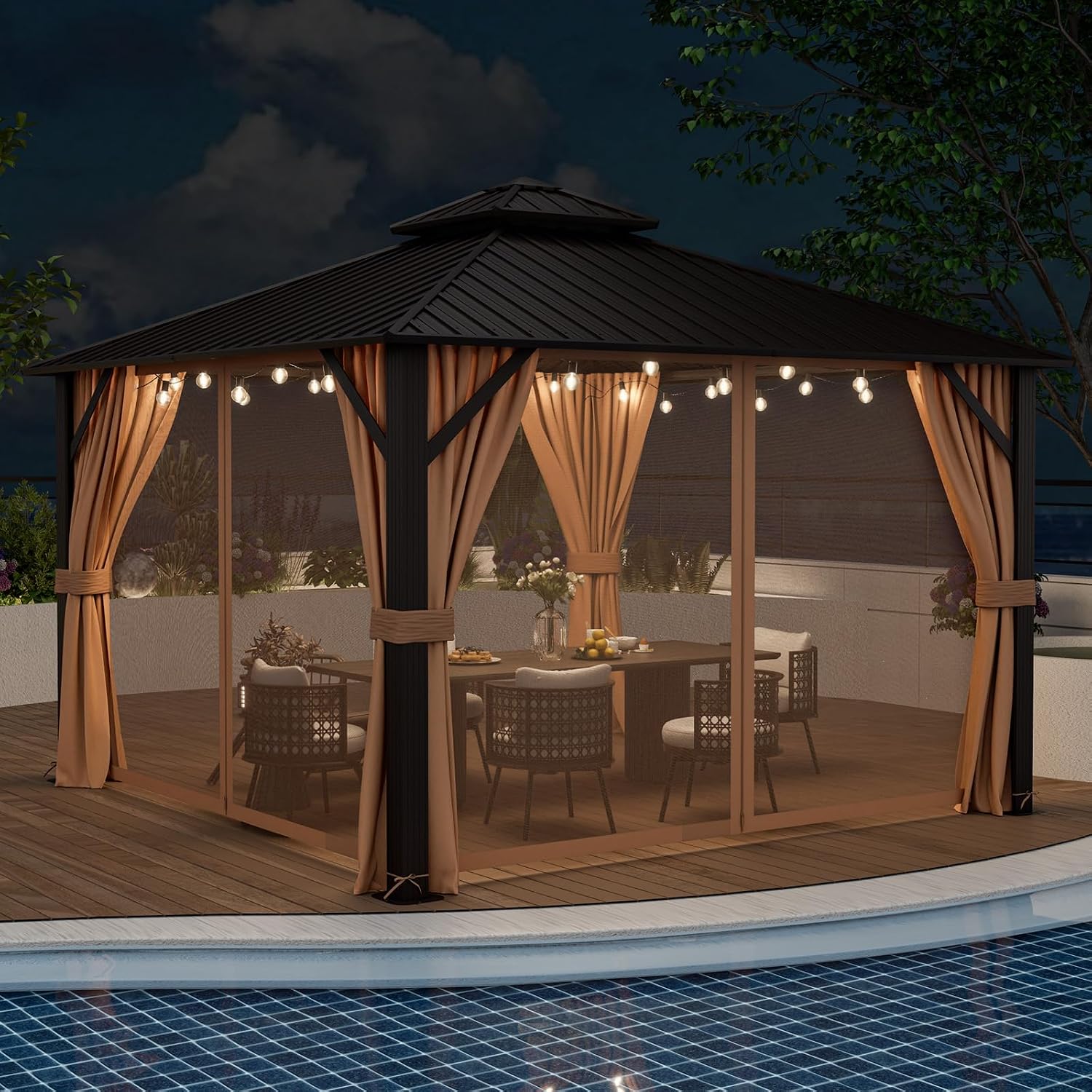 Tangkula 12x12 FT Hardtop Gazebo, Patio Gazebo with Galvanized Steel Double Roof & Aluminum Frame, Permanent Pavilion Outdoor Gazebo with Netting & Curtains for Patio, Garden, Lawn, Backyard, Deck