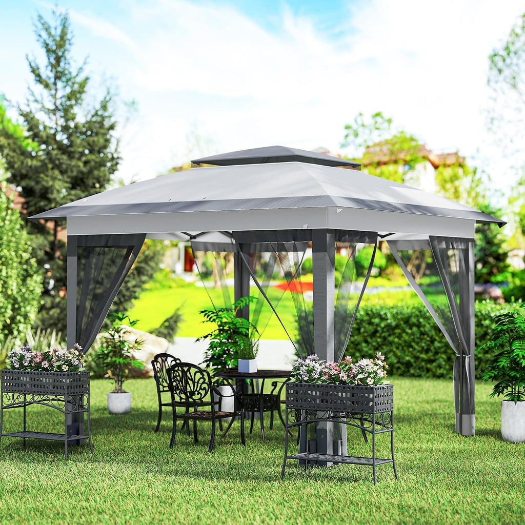 Outsunny 12' x 12' Pop Up Canopy Tent with Netting and Carry Bag, Instant Sun Shelter with 137 sq.ft Shade, Tents for Parties, Height Adjustable, for Outdoor, Garden, Patio, Gray