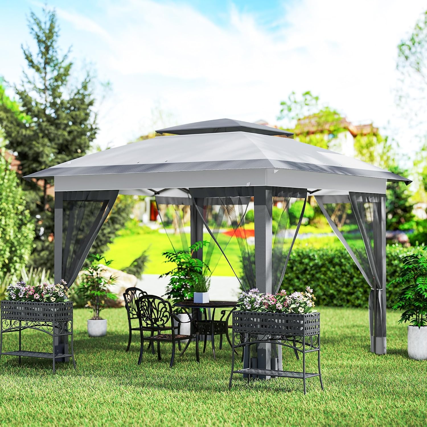 Outsunny 12' x 12' Pop Up Canopy Tent with Netting and Carry Bag, Instant Sun Shelter with 137 sq.ft Shade, Tents for Parties, Height Adjustable, for Outdoor, Garden, Patio, Gray
