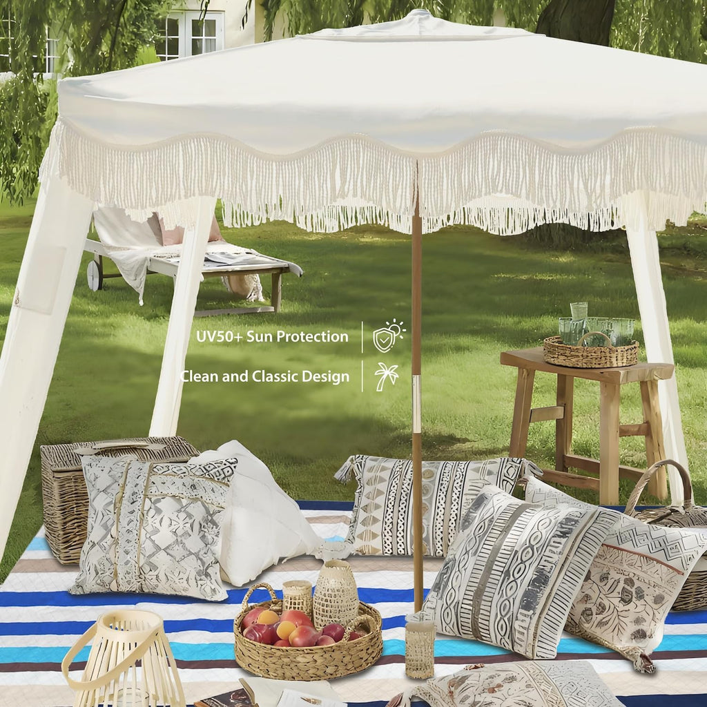 AMMSUN Beach Cabana with Blanket, 7' x 7' Boho Canopy with Tassels, Premium Wood Pole, Fringe Cabana Tent with Sand Pockets, Instant Sun Shade for Sand, Garden, Outdoor, Elegant White