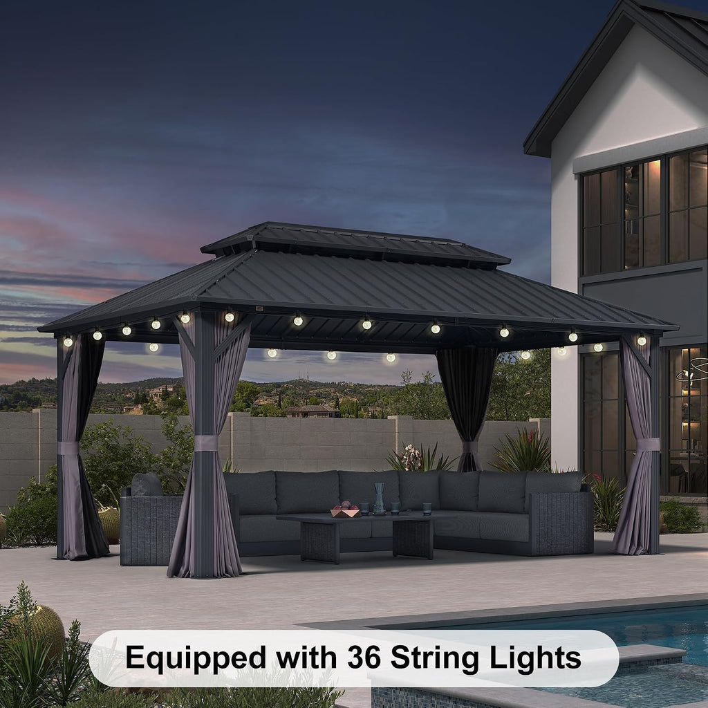 PURPLE LEAF 10'x16' Hardtop Gazebo with Lights Patio Outdoor Pavilion with Galvanized Steel Double Roof Includes Netting and Curtains for Garden Lawn Backyard Grey