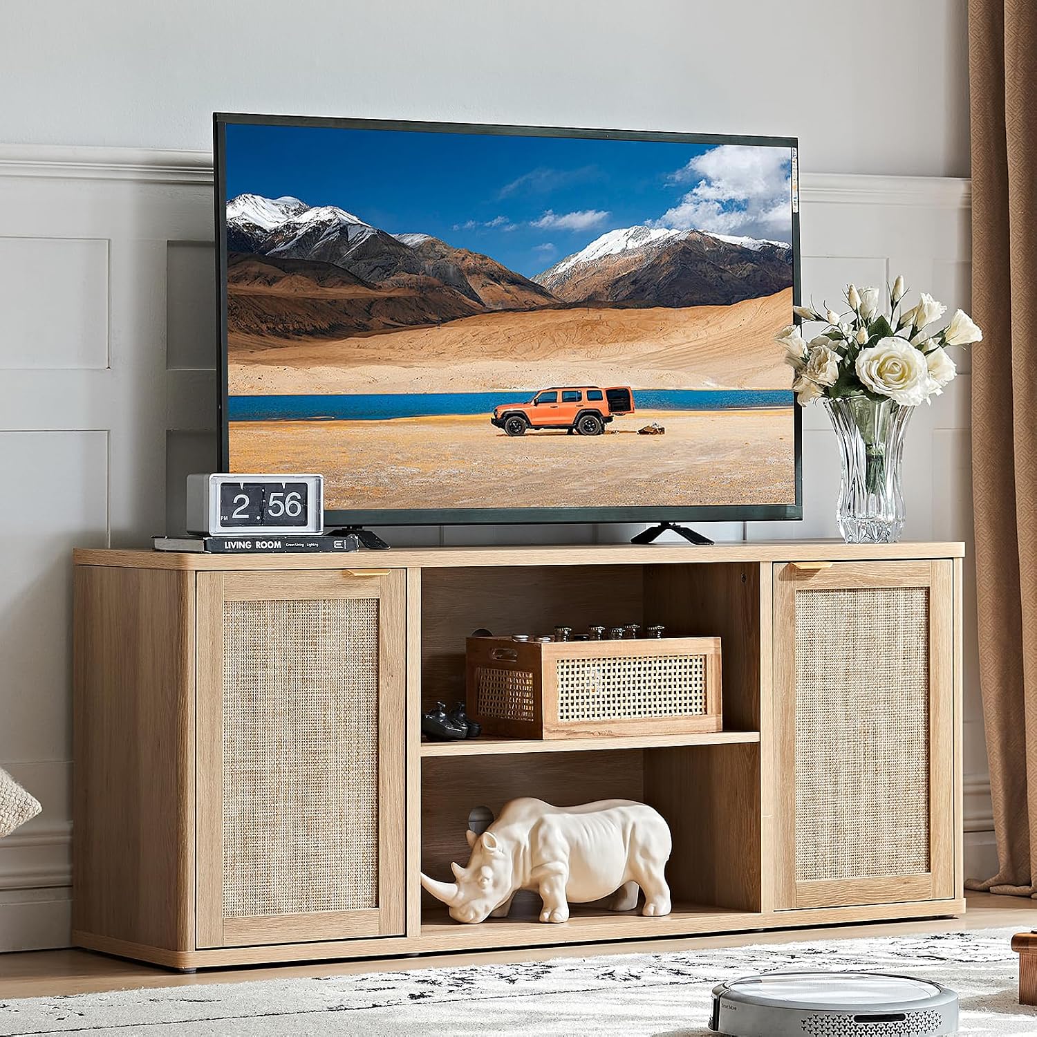 LEYAOYAO Rattan TV Stands for Living Room, Boho TV Cabinet with Storage and Open Shelf, Rustic Wood Entertainment Center, Media Console for 50-65 Inch TV, Natural Wood