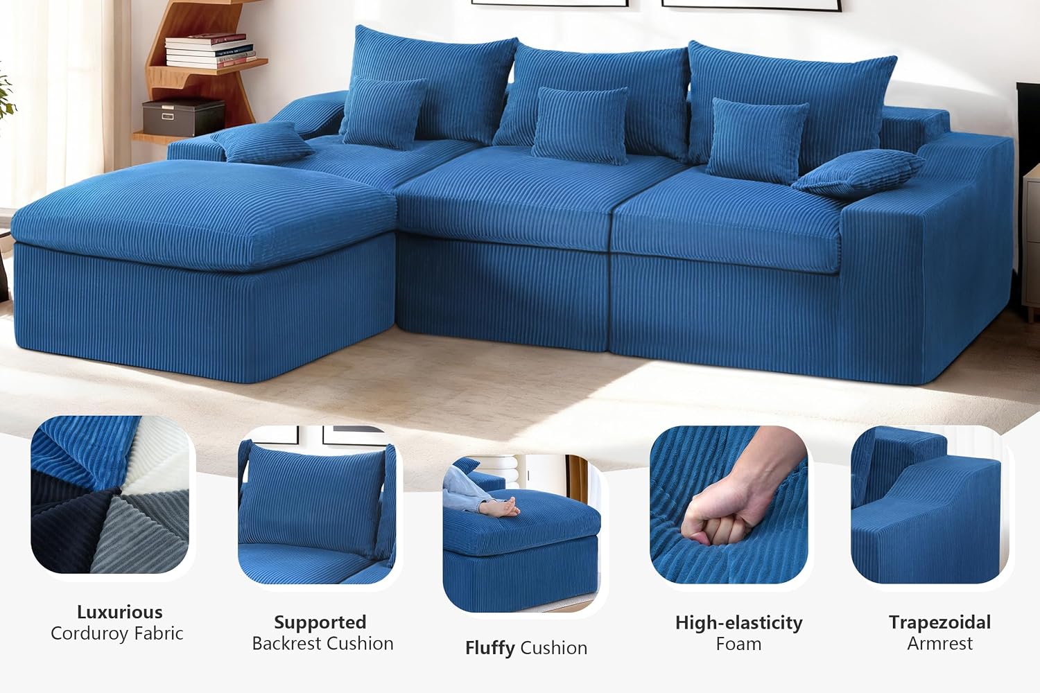HABUTWAY 104' L Shaped Cloud Sectional Couch, Boneless Modular Sectional Sofa with Deep Seat, Corduroy Couches for Living Room, Modular Couch, No Assembly Required (Blue)