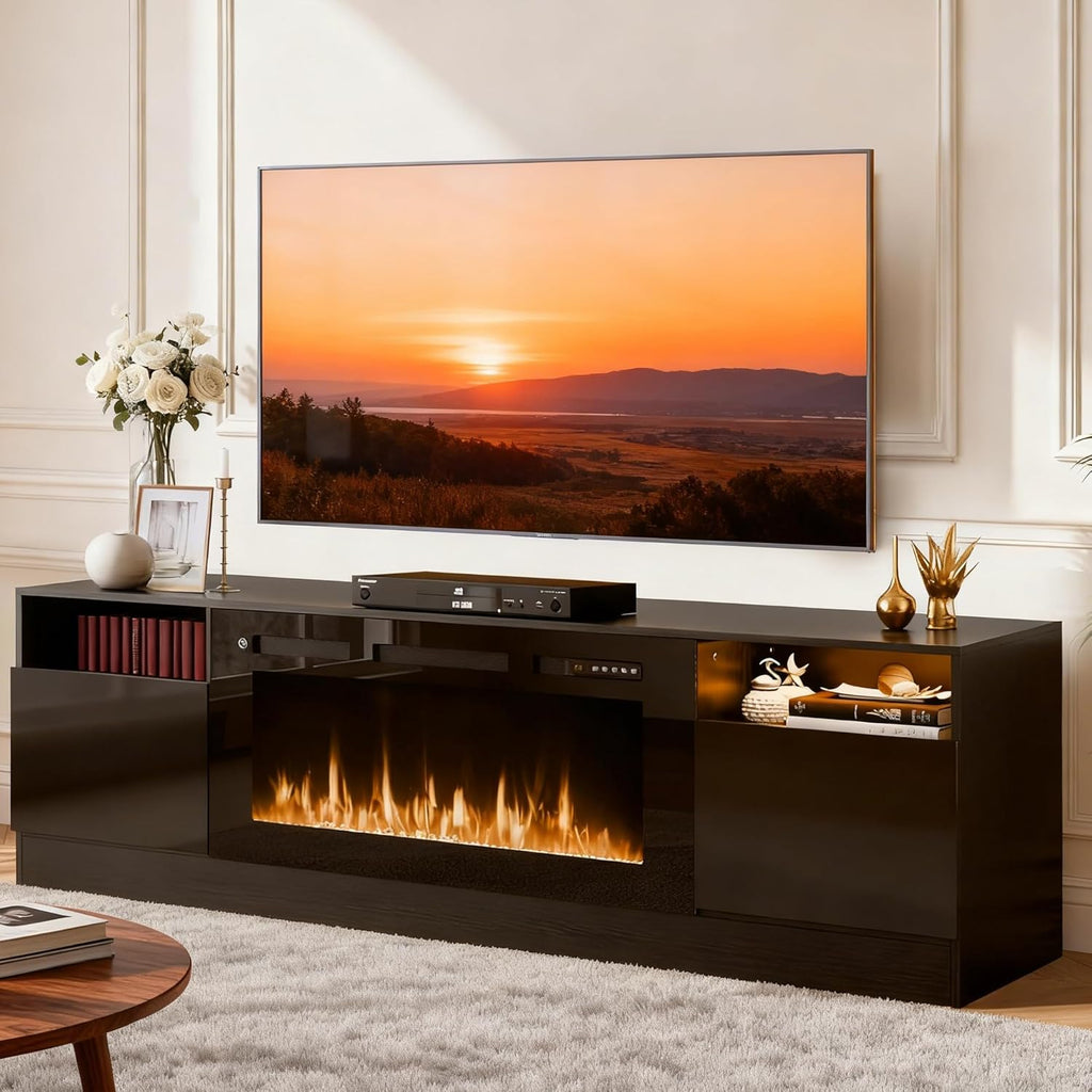 MXV 70' Fireplace TV Stand for TVs Up to 80', LED Light Entertainment Center with 36' Electric Fireplace, Modern Wood Texture TV Media Console with Highlight Storage Cabinet, Black-Black