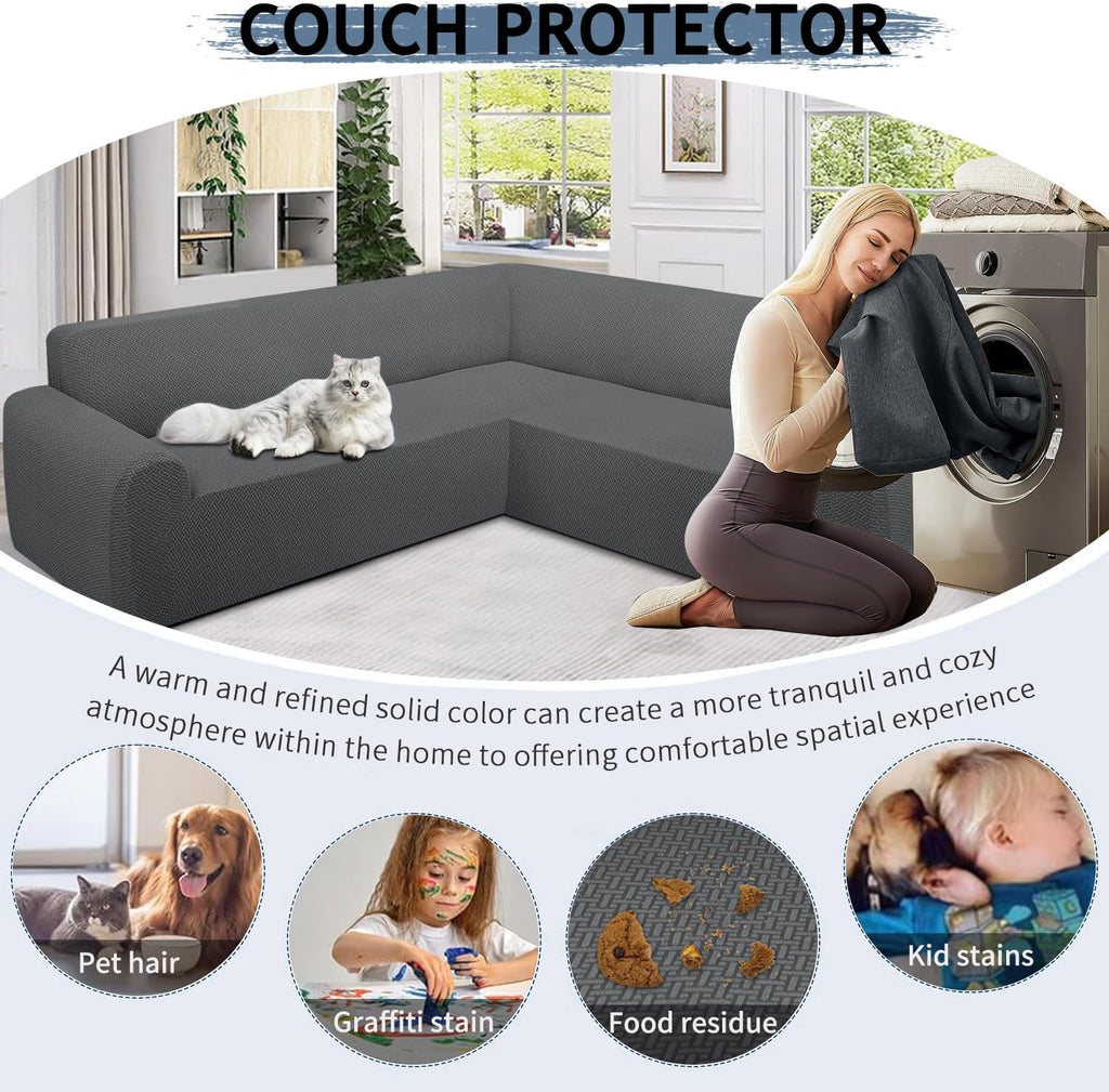 ALIECOM Stretch Corner Sectional Couch Covers L Shape Sofa Covers Washable Sectional Slipcovers U Shape Jacquard Living Room Pet Dogs Furniture Protector with Elastic Bottom (Medium Gray, X-Large)