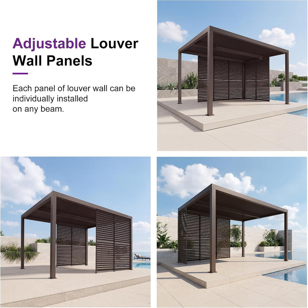 PURPLE LEAF Outdoor 10' × 14' Louvered Pergola with 14FT Detachable Louver Wall Patio Adjustable Aluminum Canopy Retractable Metal Roof for Deck Outside Backyard Hardtop Gazebo Sun Shade Bronze