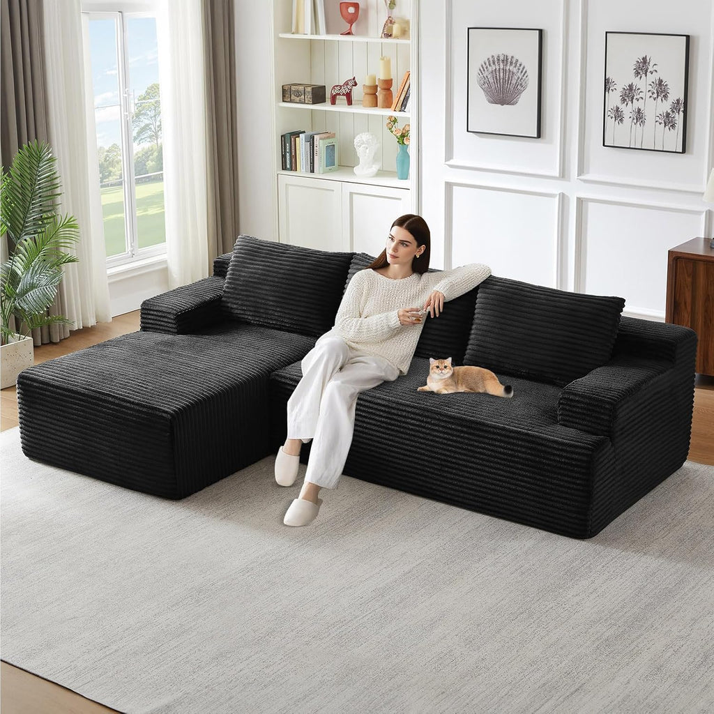 96' Modular Sectional Sofa, Modern Corduroy Cloud Couch with Side Pockets, Boneless Couch Upholstered 3-Seater L-Shaped Sofa for Living Room, No Assembly Required (Black, Left-Facing Chaise)