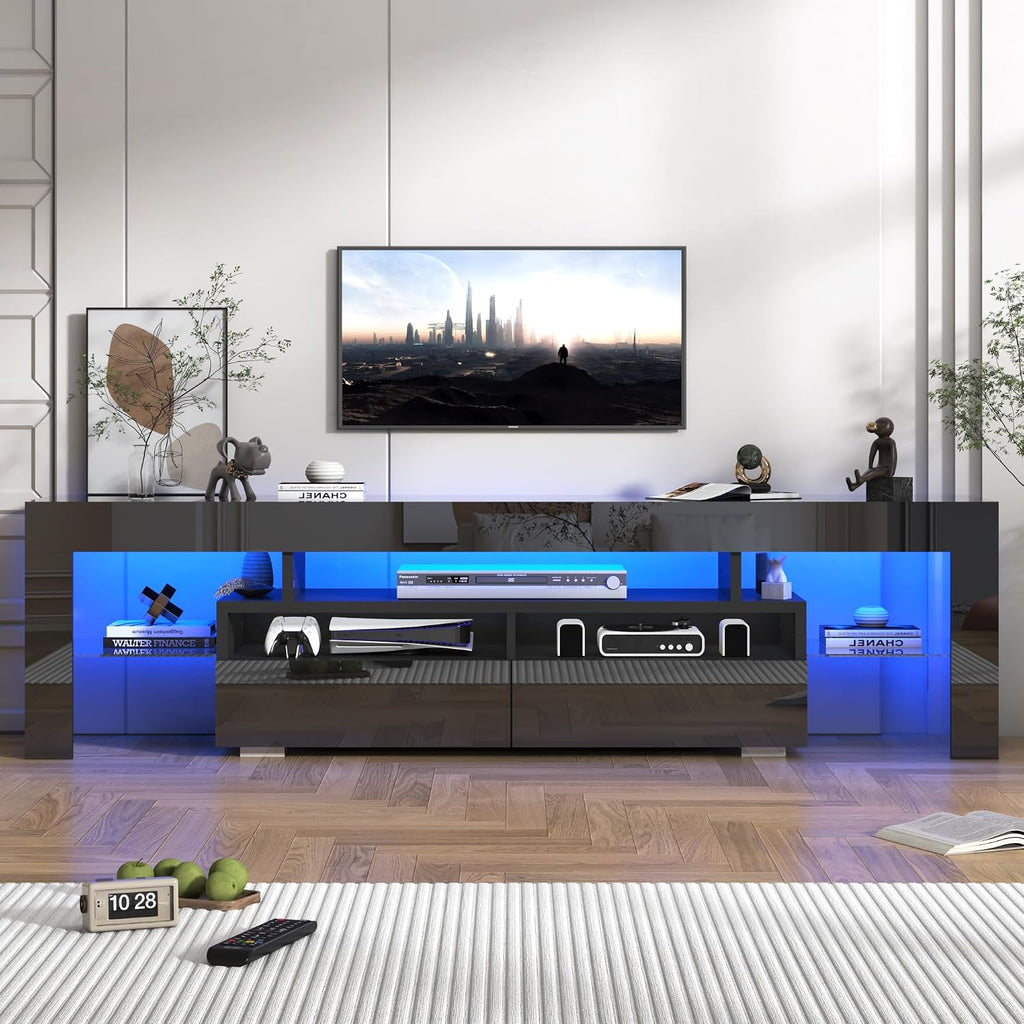 Squireewo TV Stand with 16 Color LED Lights, Media Console with Drawer and Glass Open Shelf for 65/75/85 inch TV, Modern Gloss Entertainment Center for Living Room Bedroom, Black