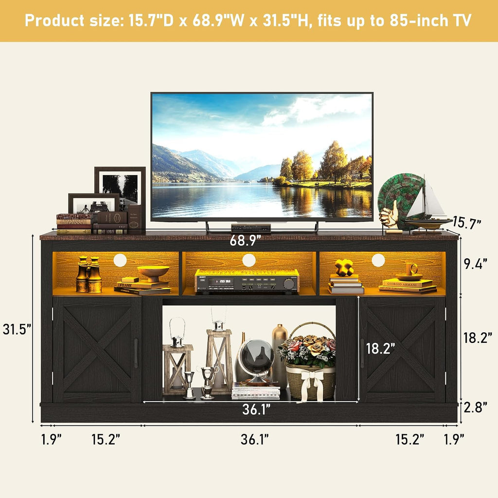 jiteentarou Farmhouse TV Stand for 70/75/80 Inch TV, 32'Tall Entertainment Center w/LED Light, Large Media Console Cabinet w/Barn Doors & Adjustable Shelves for Living Room, Black
