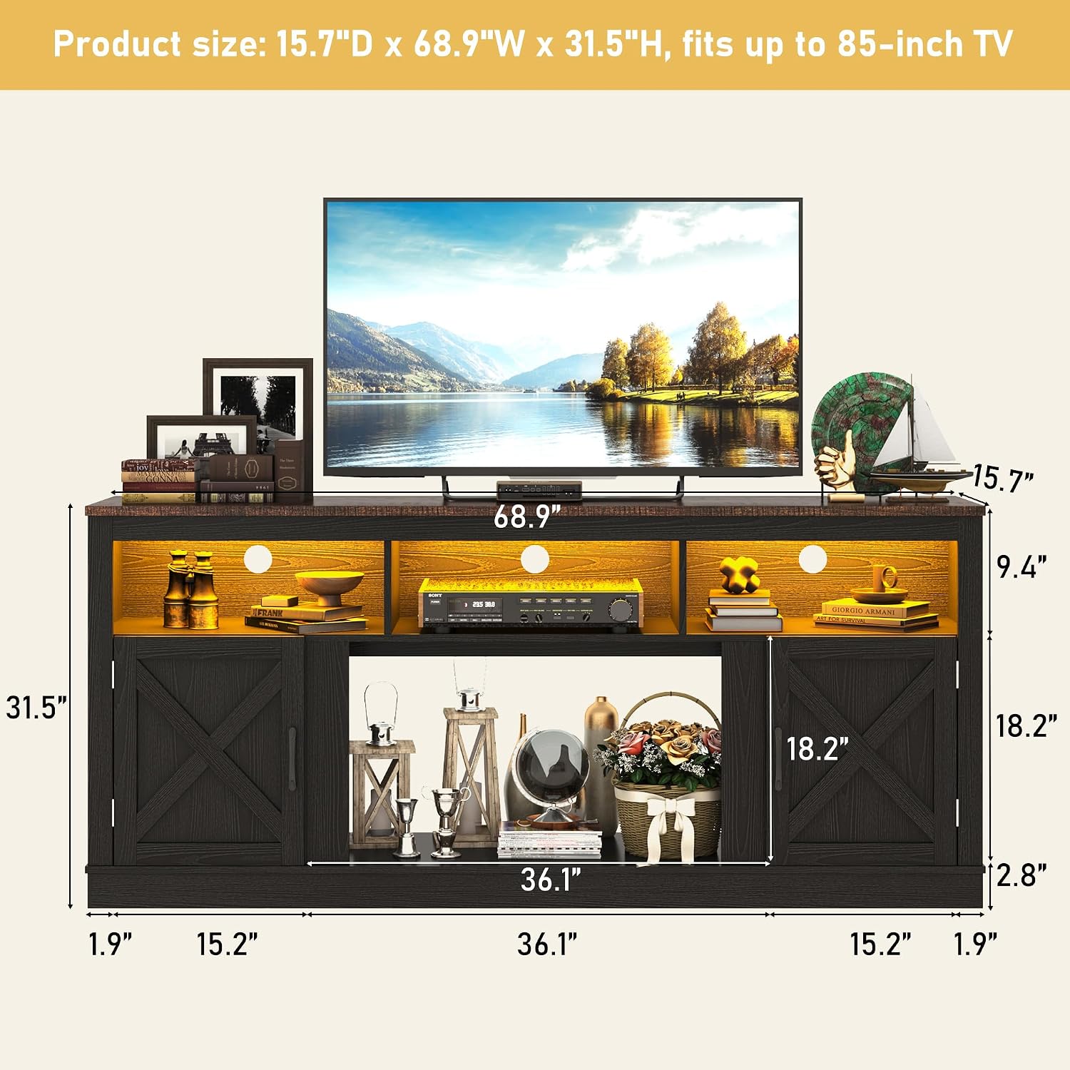 jiteentarou Farmhouse TV Stand for 70/75/80 Inch TV, 32'Tall Entertainment Center w/LED Light, Large Media Console Cabinet w/Barn Doors & Adjustable Shelves for Living Room, Black