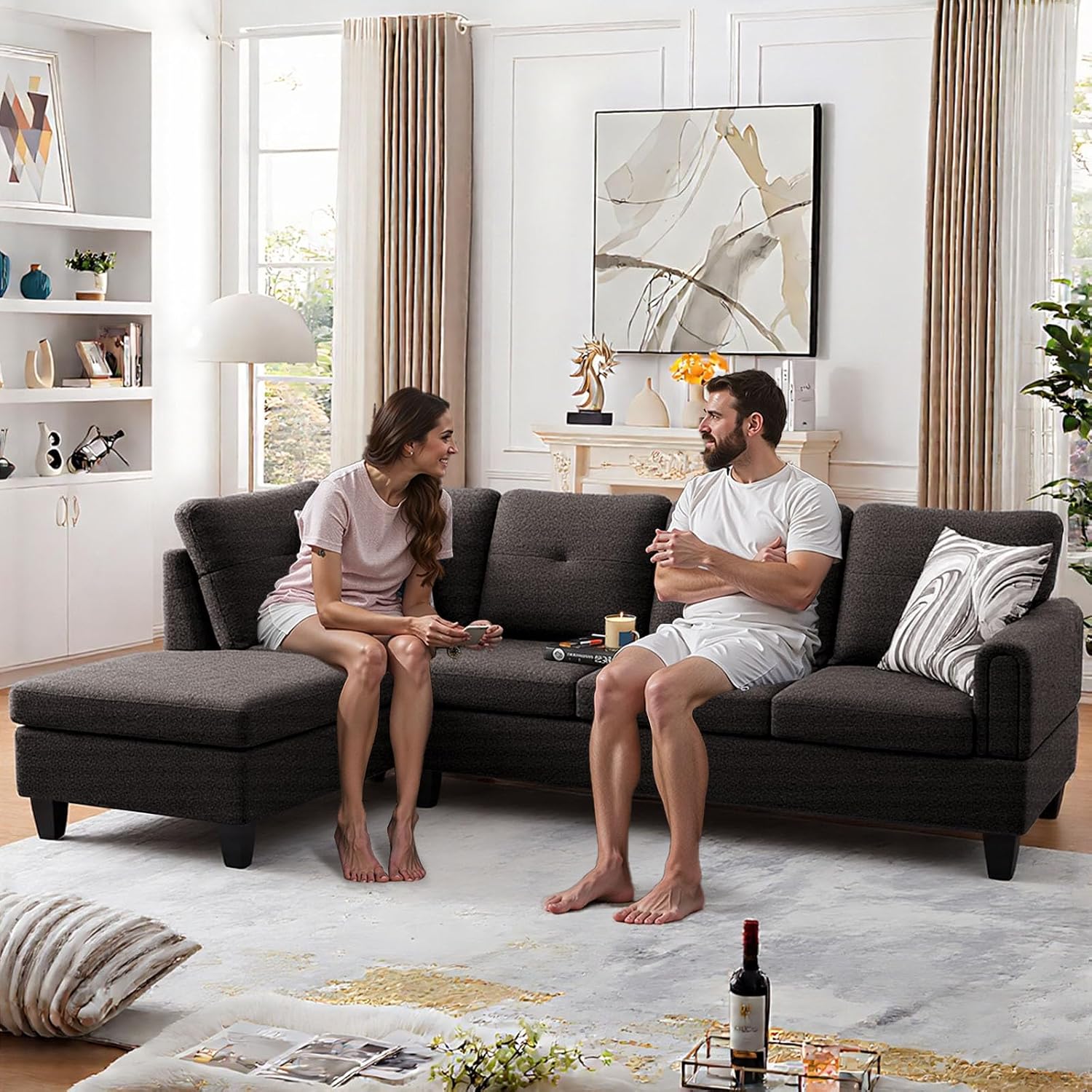 L Shaped Couch Sectional Couches with Chaise, Fluffy Fabric 3 Pieces Modular Convertible Sofa for Living Room Furniture Sets and Small Apartment, Dark Brown
