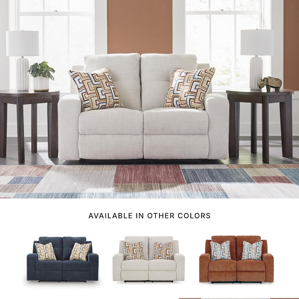 Signature Design by Ashley Danum Modern Tufted Manual Reclining Loveseat with 2 Accent Pillows, Beige