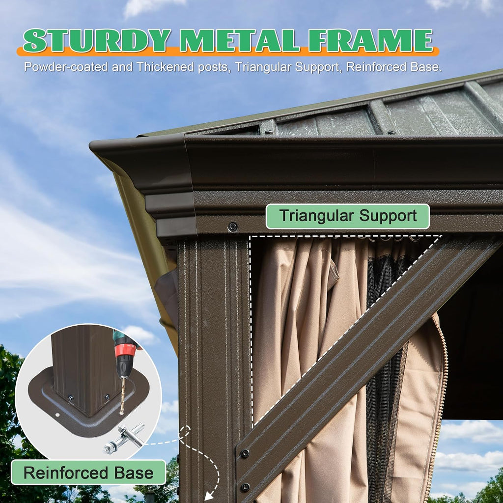 Domi 10x14FT Hardtop Gazebo, Outdoor Gazebo with Double Galvanized Steel Roof, Metal Pavilion Shelter for Patio, Lawn and Garden, Detachable Curtain and Netting Included, Brown