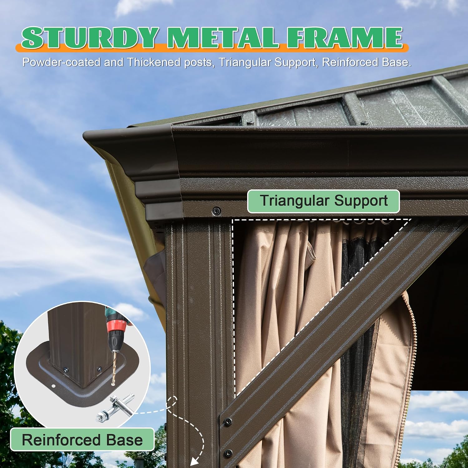 Domi 10x14FT Hardtop Gazebo, Outdoor Gazebo with Double Galvanized Steel Roof, Metal Pavilion Shelter for Patio, Lawn and Garden, Detachable Curtain and Netting Included, Brown
