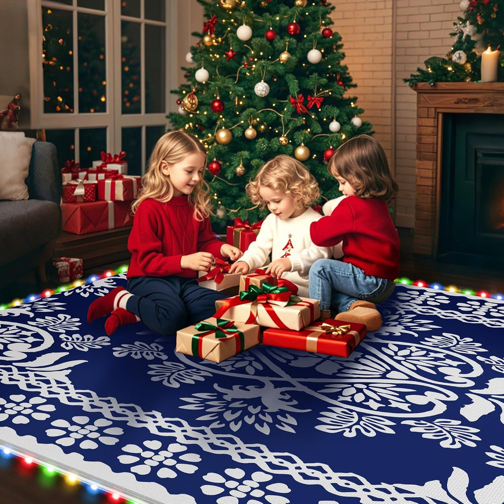 Pafolo Outdoor Rug Waterproof, 9'x12' Reversible Patio Rug with Lights, 4 Rug Stakes, Non Shedding, Easy Cleaning, Foldable Outside Mat for RV, Camping, Porch, Deck, Beach, Patio, Picnic, Blue&White