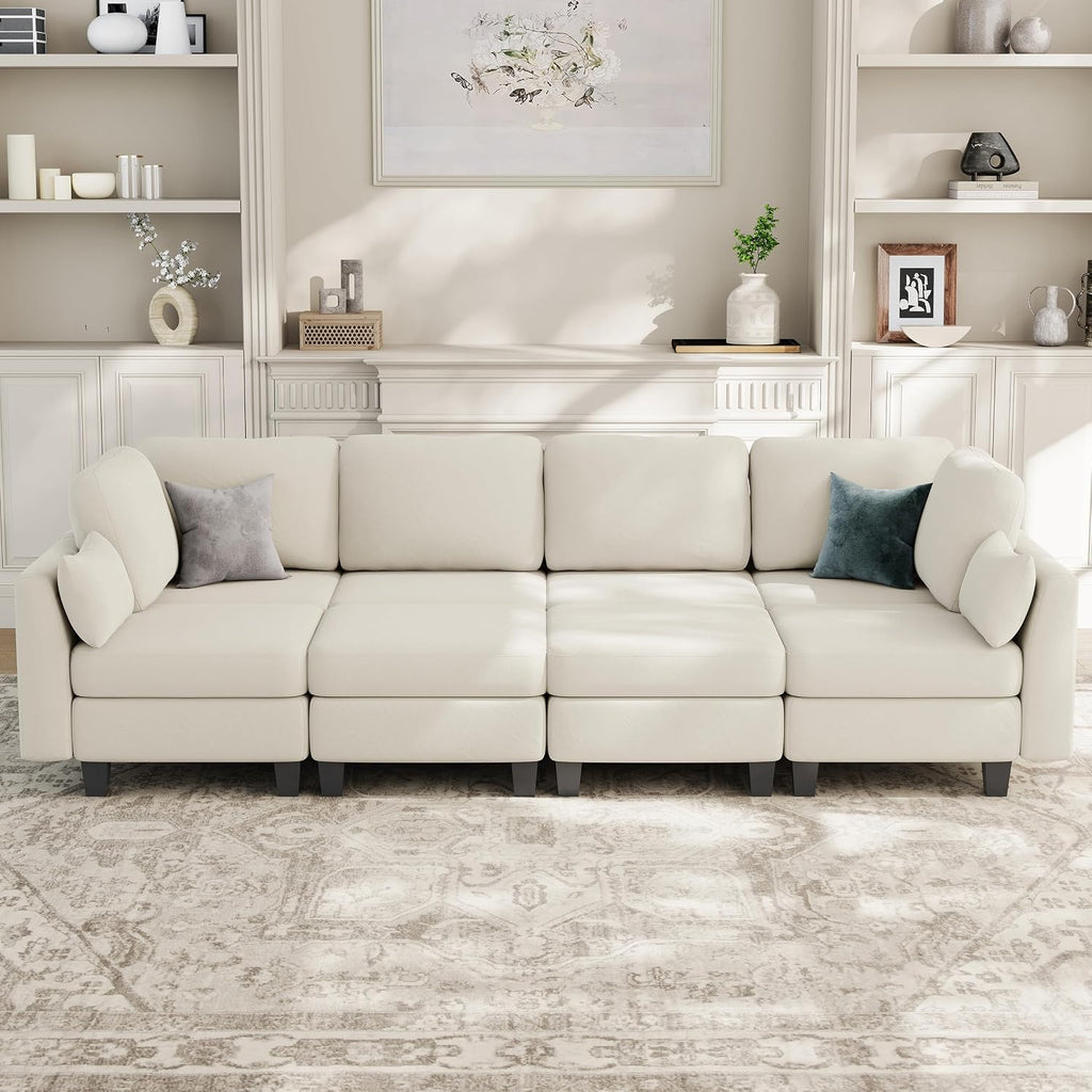 Sectional Sleeper Sofa, 8 Seaters Modular Sleeper Sofa Couch, Comfy Sectionals Couches Bed, Convertible Sofas with Ottomans, Modular Sectional Couches for Living Room, Beige