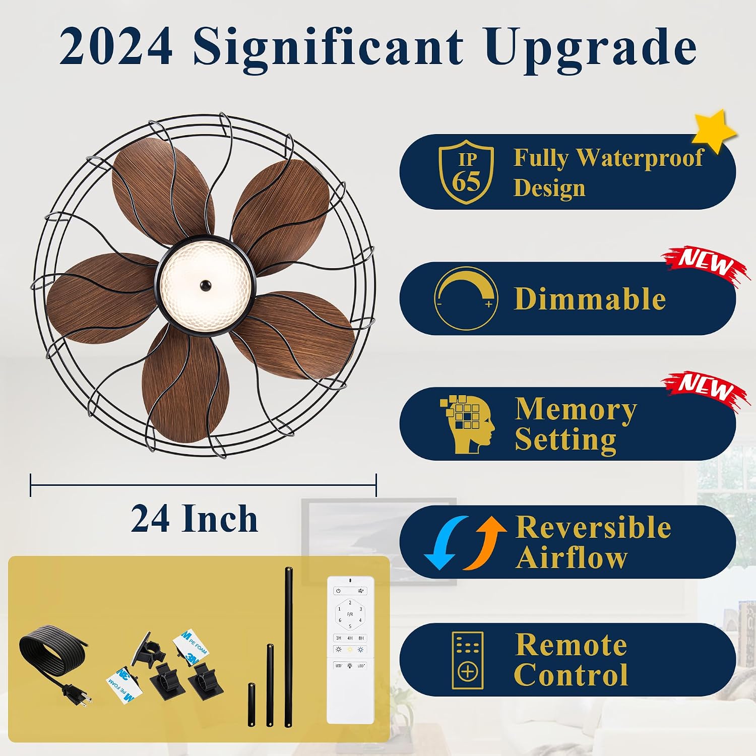 NORFOLK Gazebo Ceiling Fans with Light, 24 Inch Waterproof Outdoor Fan with Dimmable LED Lights, Wet Rated Plug In and Remote for Patios and Pergola, 3 Color Led Lighting, Hanging with Hook