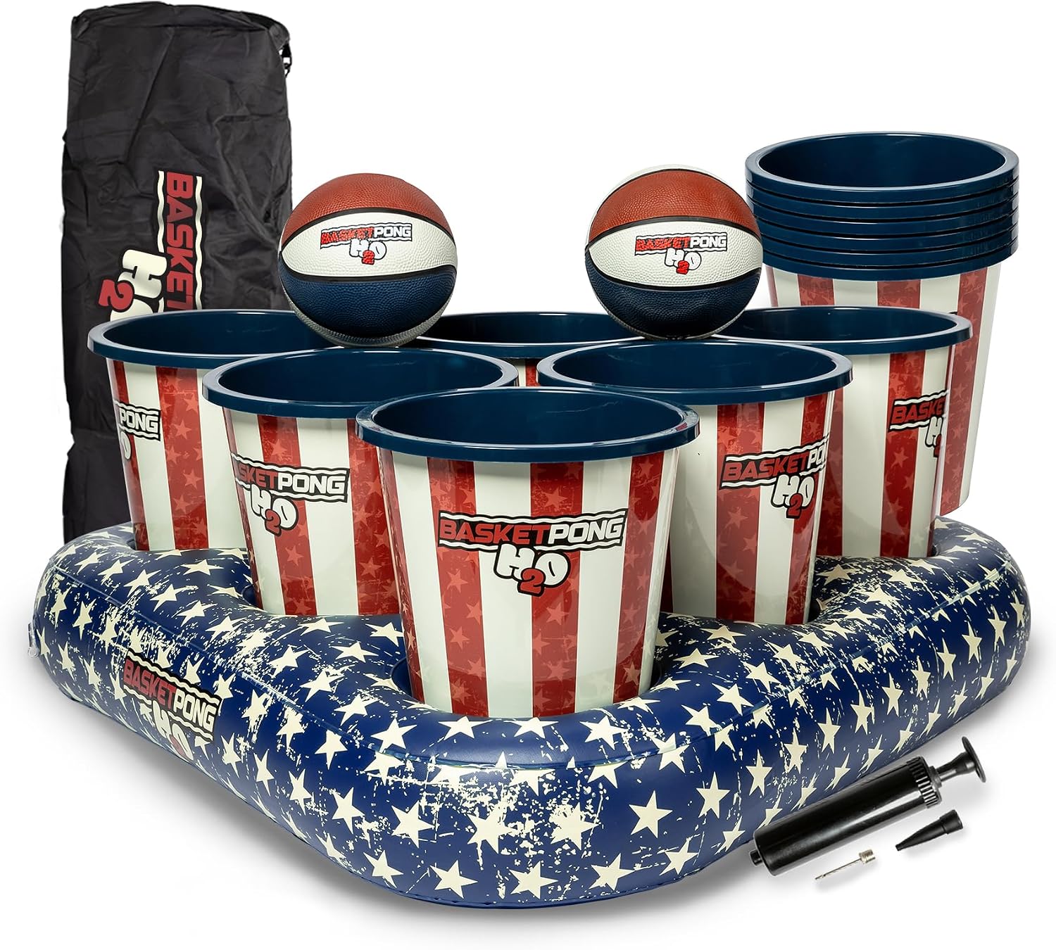 H2O USA - Inflatable Pool Pong Table Game for Outdoor Fun, Lawn, Lake, or Beach – Comes with 12 Buckets, 2 Balls, Floating Racks, Air Pump & Storage Bag
