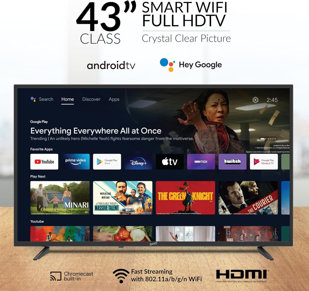 Supersonic Smart SC-4350GTV 43-inch FHD DLED TV with Google Assistant, ATSC/NTSC, HDMI, WiFi, USB Input, 1080p Resolution,16.7M Colors, 60Hz Refresh Rate, Energy-Efficient, Bluetooth, Remote Control