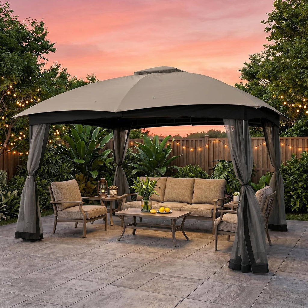 FAB BASED 10x12 Gazebo, Double Vent Canopy Gazebo for Outdoor with Privacy Netting, Easy Setup Patio Pavilion with Steel Frame Strong Legs for Lawn, Backyard, Deck (Ash Grey)