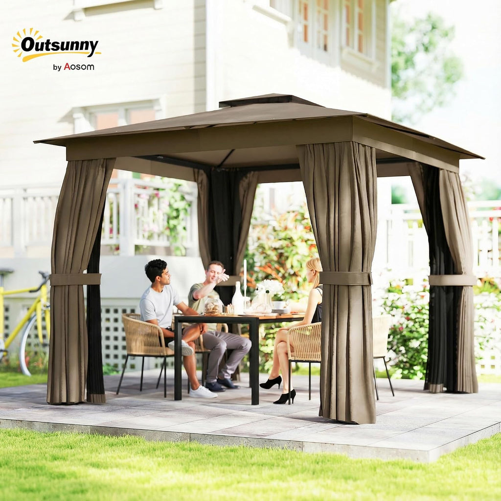 Outsunny 10' x 10' Outdoor Patio Gazebo, Heavy Duty Gazebo Canopy Shelter with Double Roof, Curtains, Netting, Steel Frame, UPF30+ Protection, Ceiling Hook for Lawn, Backyard, Deck, Khaki